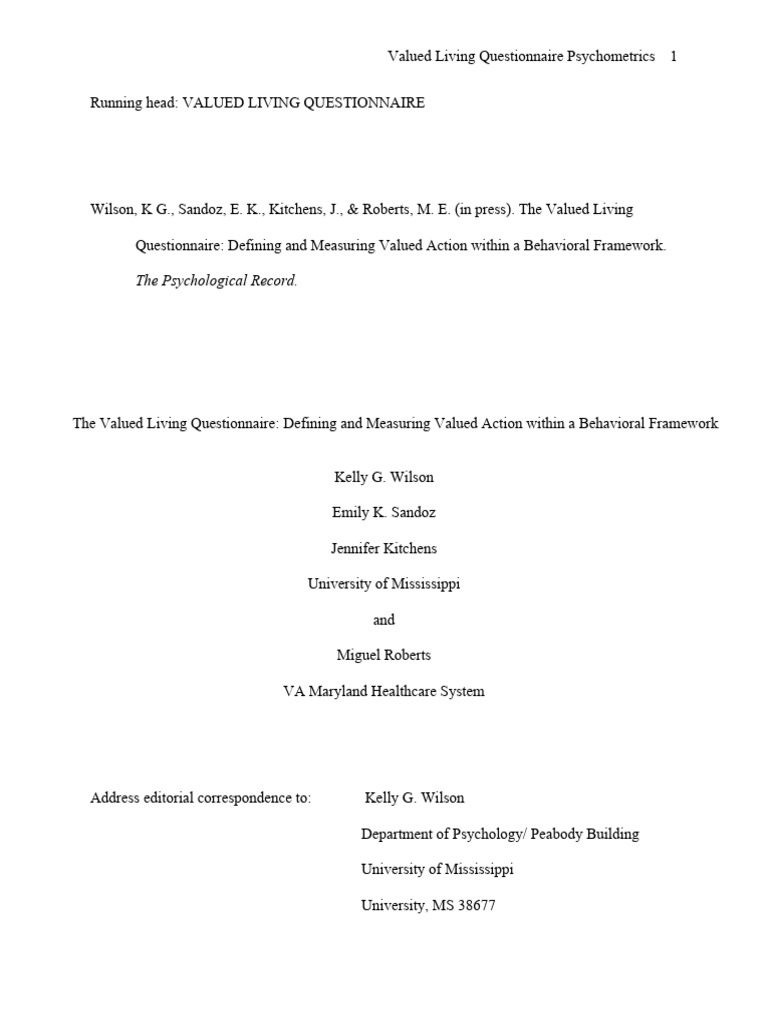 Valued Living Questionnaire Overview | PDF | Psychometrics | Psychology