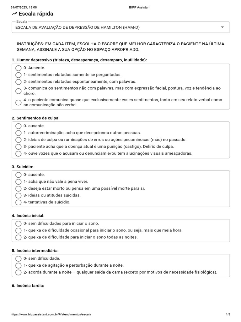 Escala de Avaliação de Depressão HAM-D | PDF | Doenças e distúrbios | Doenças e distúrbios humanos
