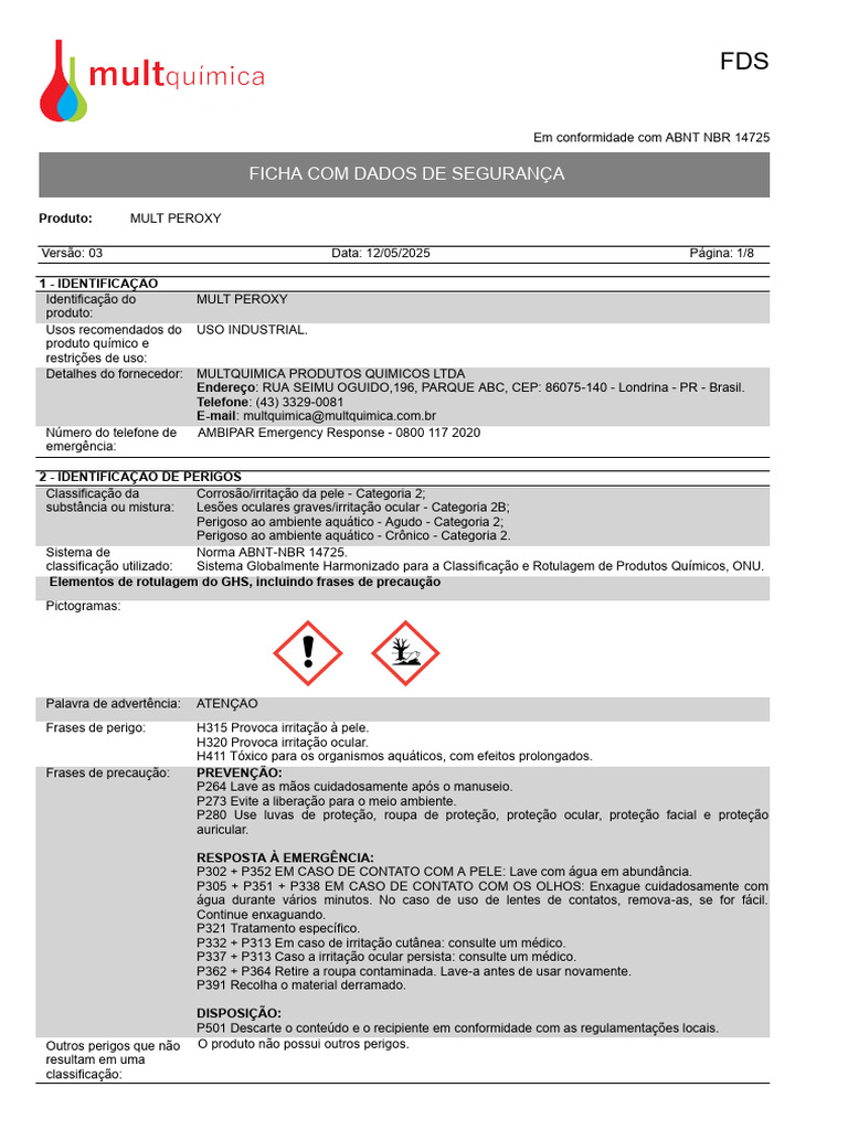 Ficha de Segurança do MULT PEROXY | PDF | Toxicidade | Temperatura