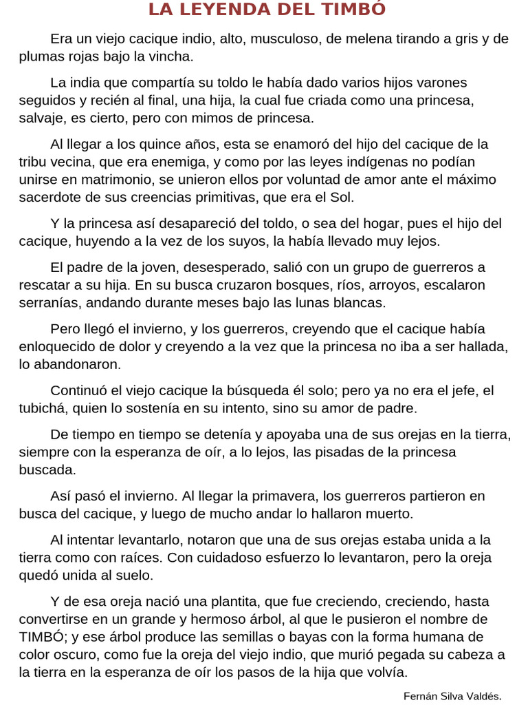 La leyenda del Timbó: amor y sacrificio | PDF