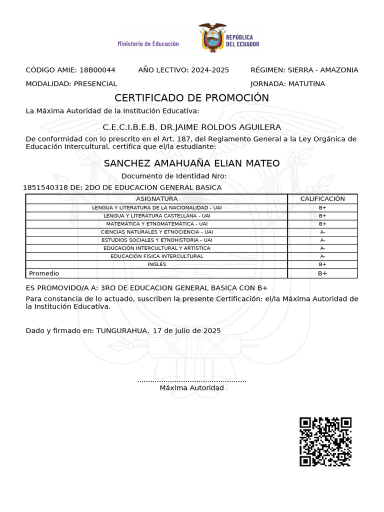 Certificado de Promoción Escolar 2024-2025 | PDF