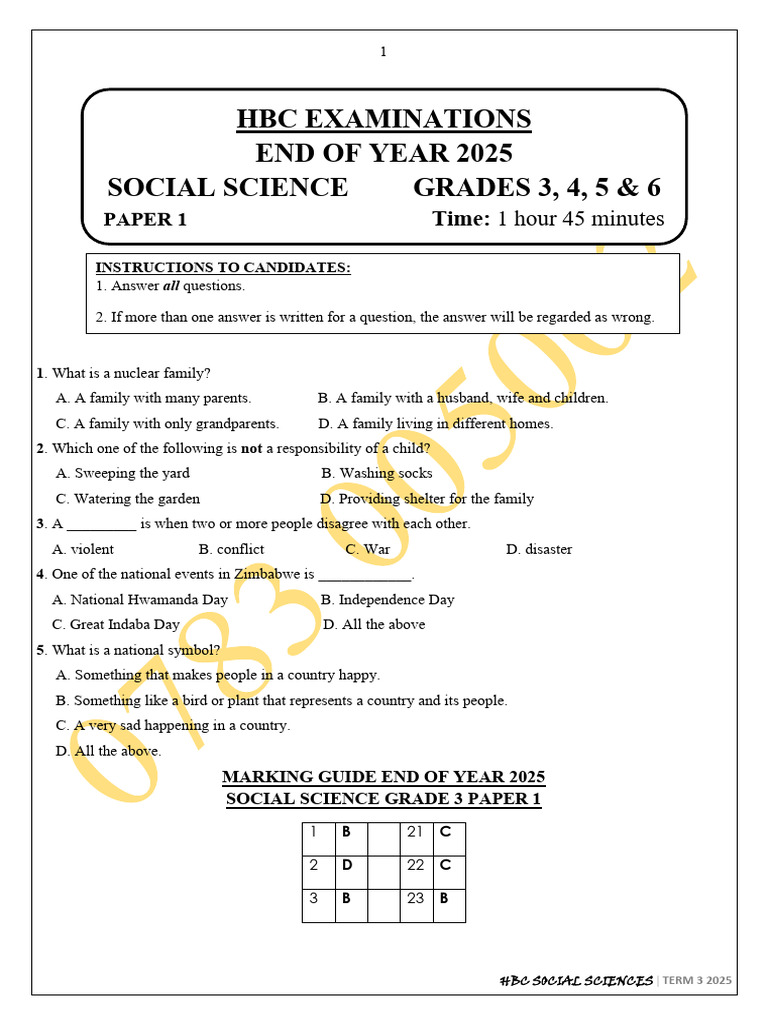 HBC Social Science Grade 5 Exam 2025 | PDF