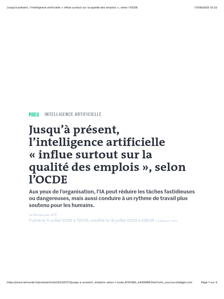 Impact de l'IA sur la qualité des emplois | PDF | Intelligence ...