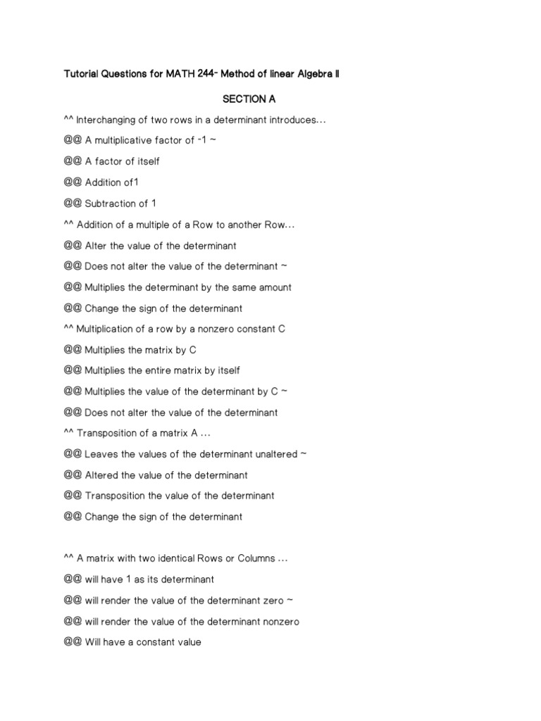 MATH 244 Linear Algebra II Tutorial Questions | PDF | Determinant ...