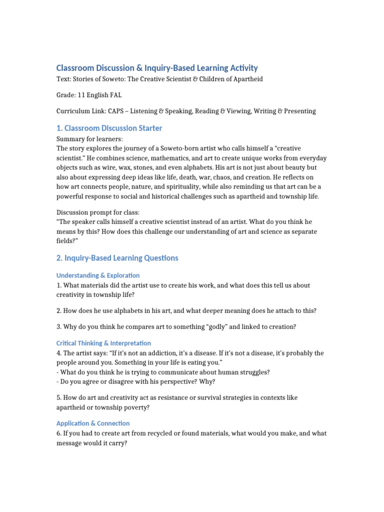 Soweto Art: Inquiry-Based Learning Guide | PDF | Inquiry Based Learning ...