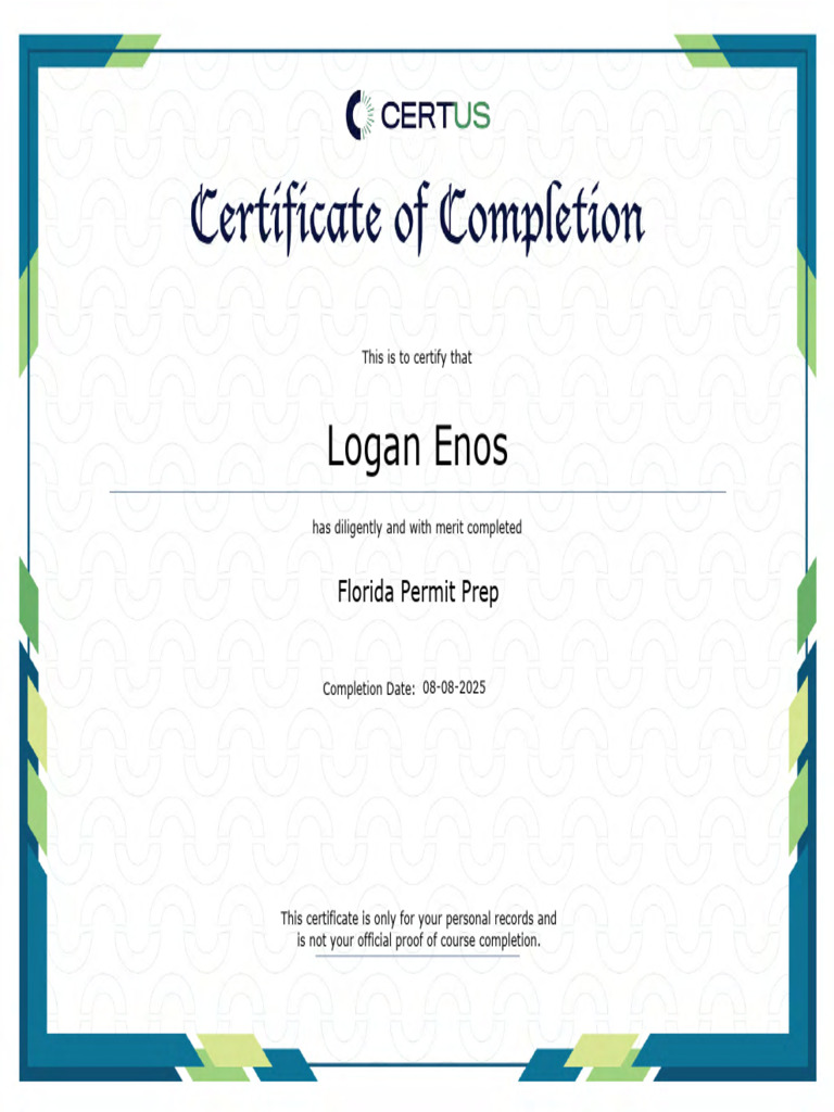 Florida Permit Prep Completion Certificate | PDF