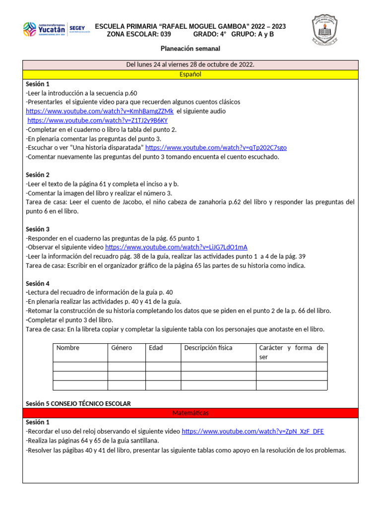 Semana Del 24 Al 28 de Octubre de 2022 | PDF