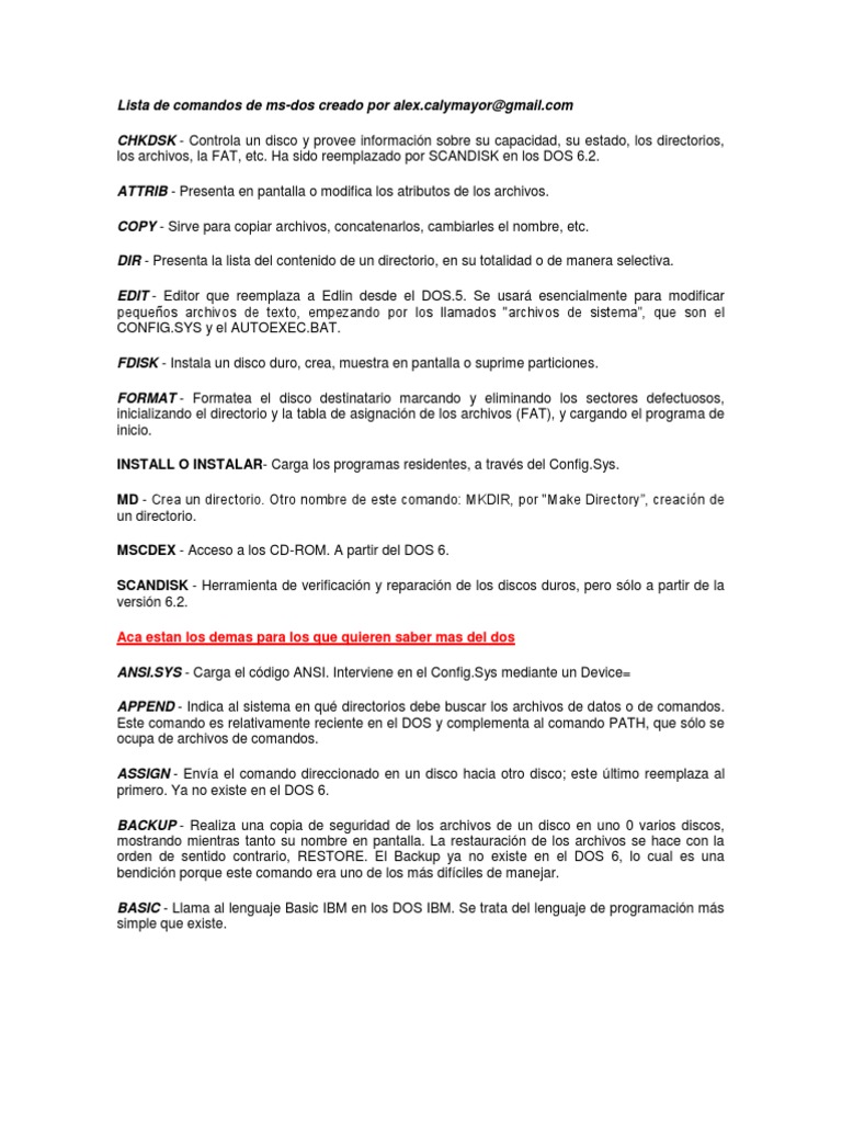 Lista de Comandos de MS-DOS | PDF | Dos | Archivo de computadora