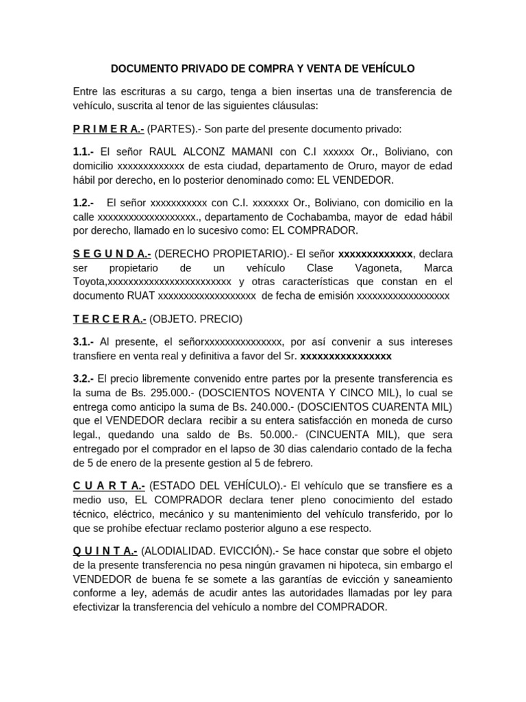 Documento Privado de Compra y Venta de Vehiculo | PDF