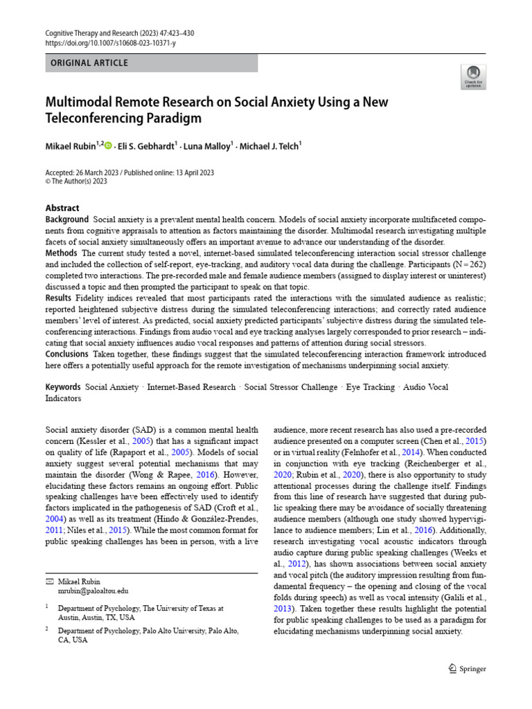 Multimodal Remote Research On Social Anxiety Using A New ...