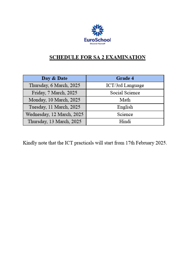 SA 2 Exam Schedule for Grade 4 | PDF