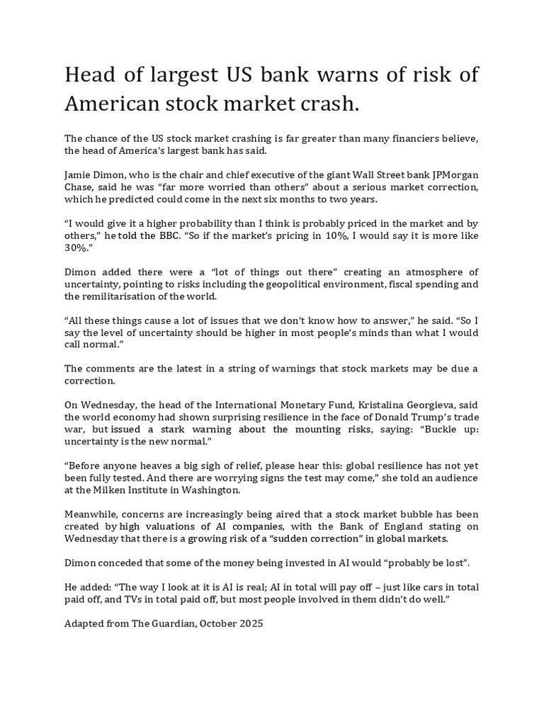 Head of Largest US Bank Warns of Risk of American Stock Market Crash | PDF