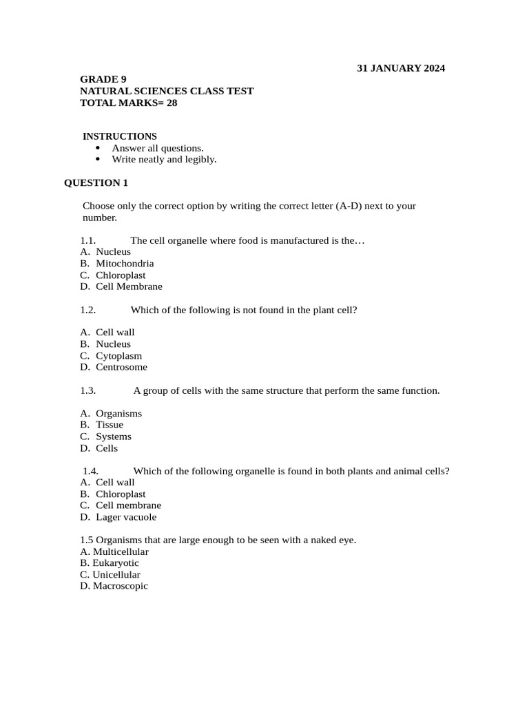 Grade 9 Natural Sciences Test 2024 | PDF