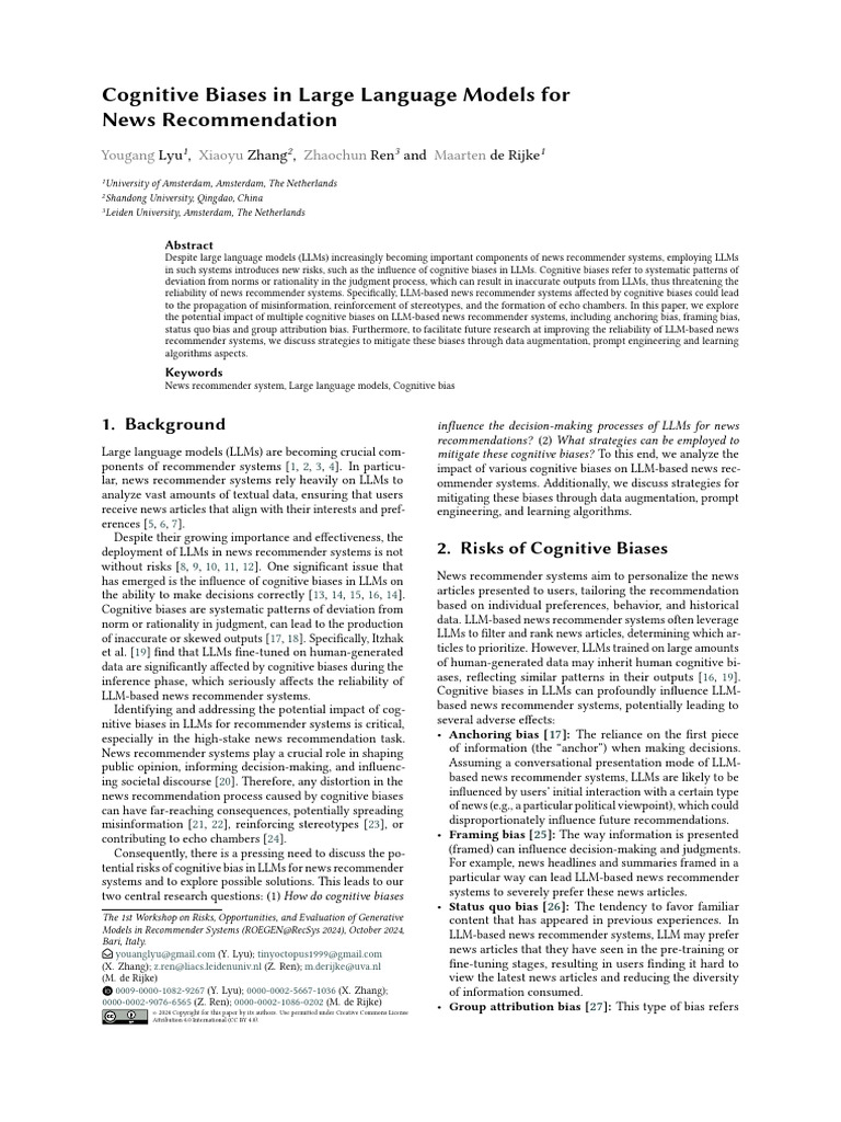 Cognitive Biases in LLM News Recommendations | PDF | Bias | Cognition