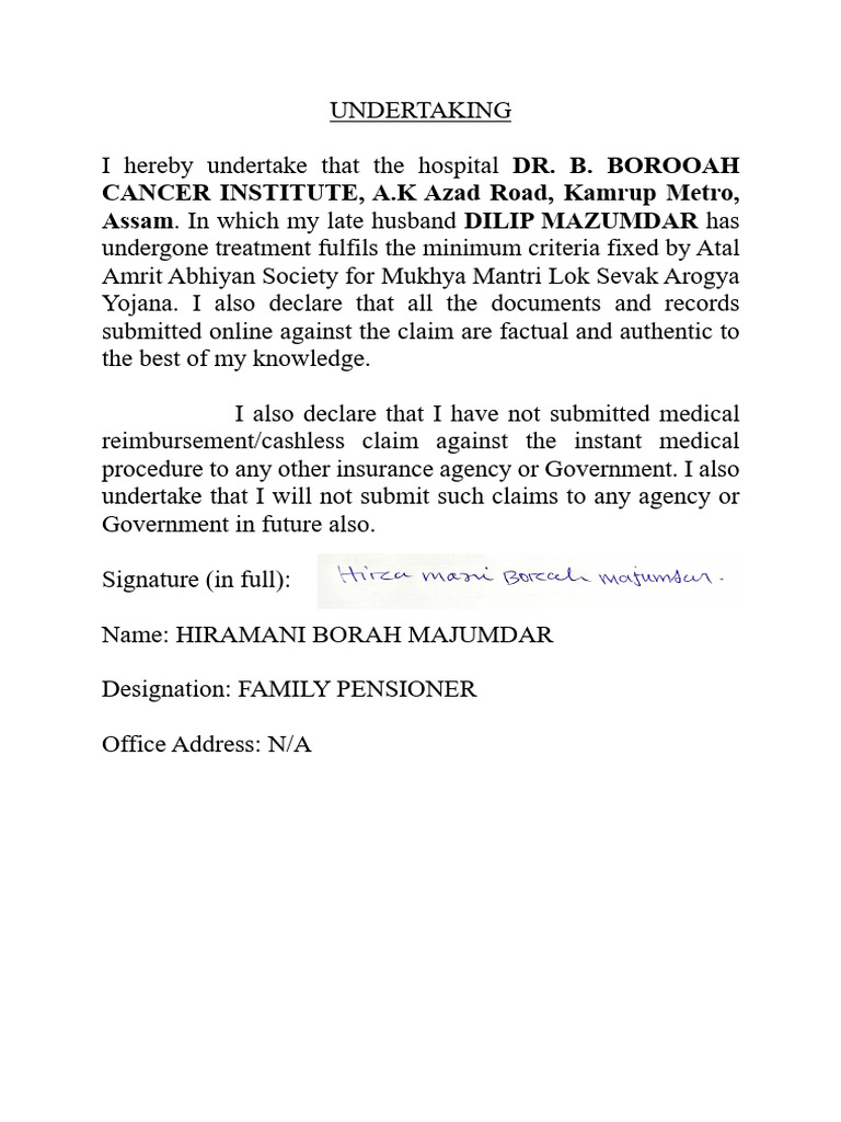Undertaking for Medical Claim Submission | PDF