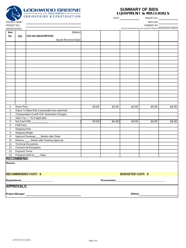 LGF C7-3.3-1 Bid Summary, Equipment and Materials | PDF