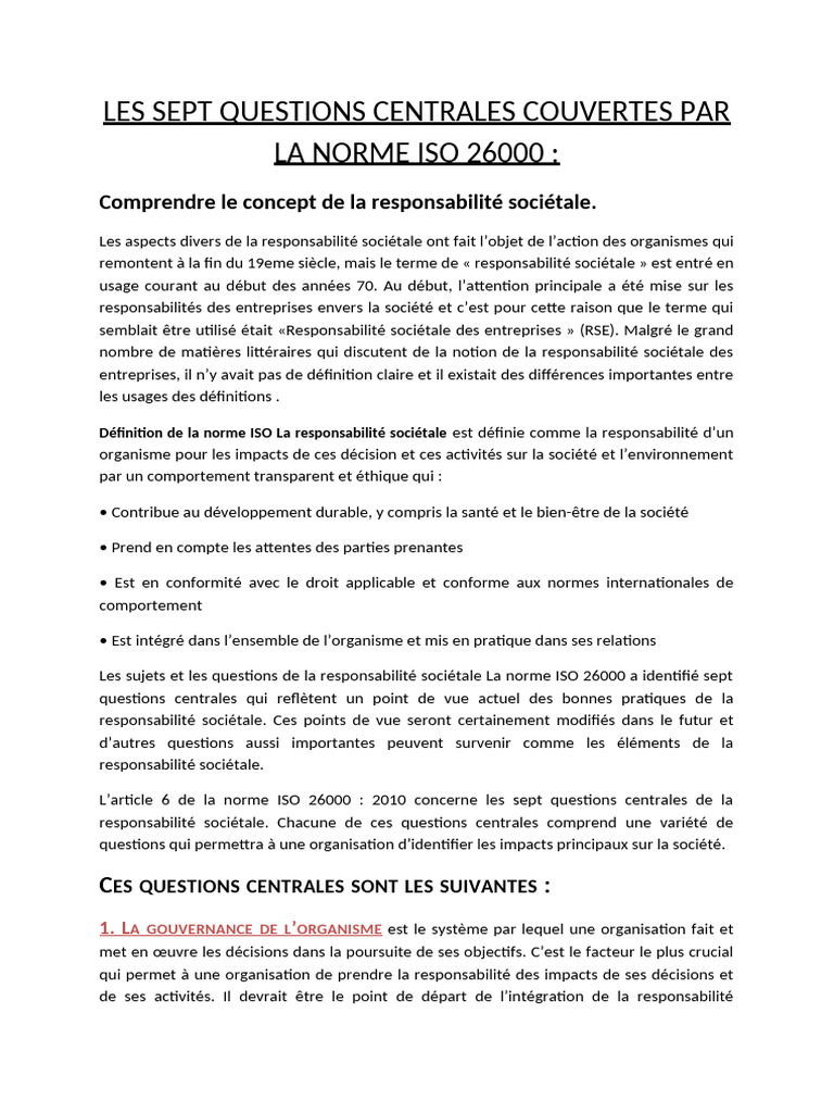 Sept questions centrales de l'ISO 26000 | PDF | Responsabilité ...