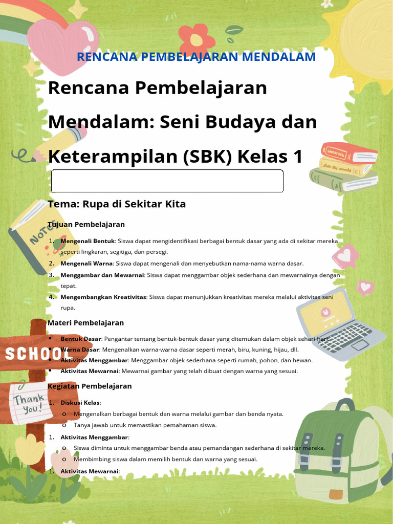 Rencana Pembelajaran SBK Kelas 1: Rupa | PDF