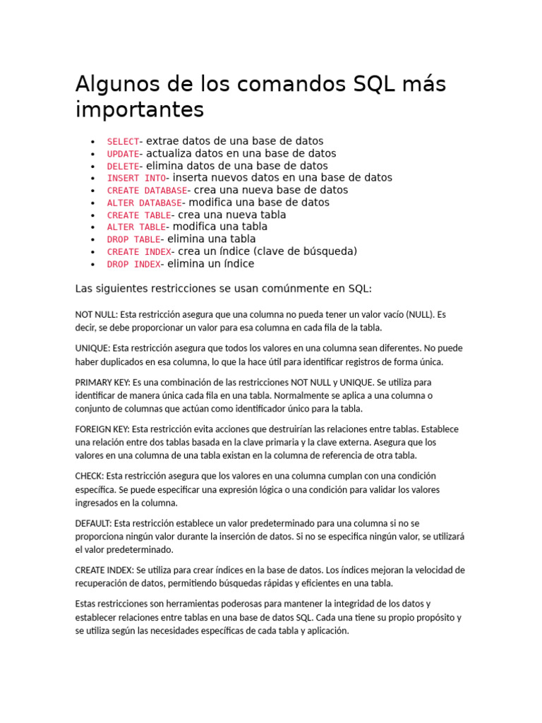 Algunos de Los Comandos SQL Más Importantes | PDF