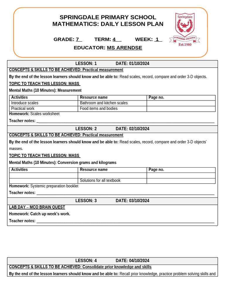 Grade 7 Term 4 Maths Lesson Plans | PDF | Lesson Plan | Intelligence