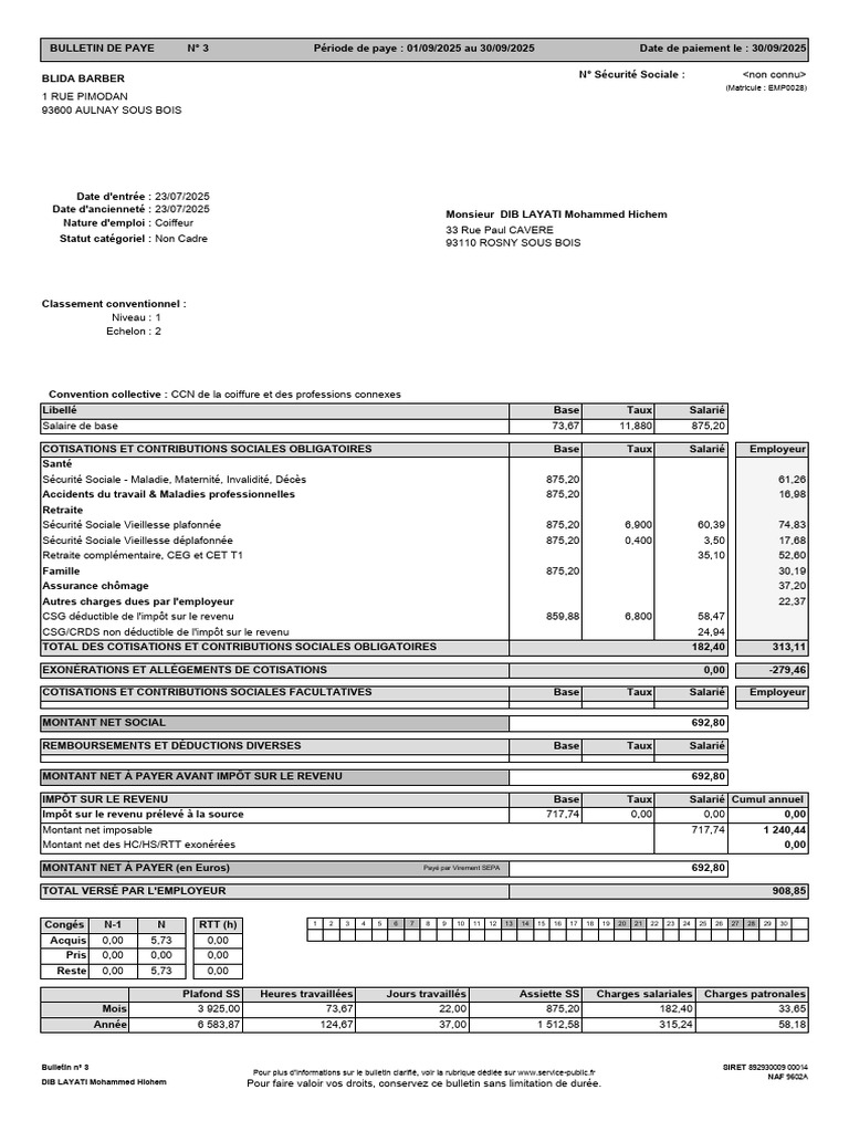 Bulletin de paie septembre 2025 | PDF | Impôt sur le revenu | Retraite