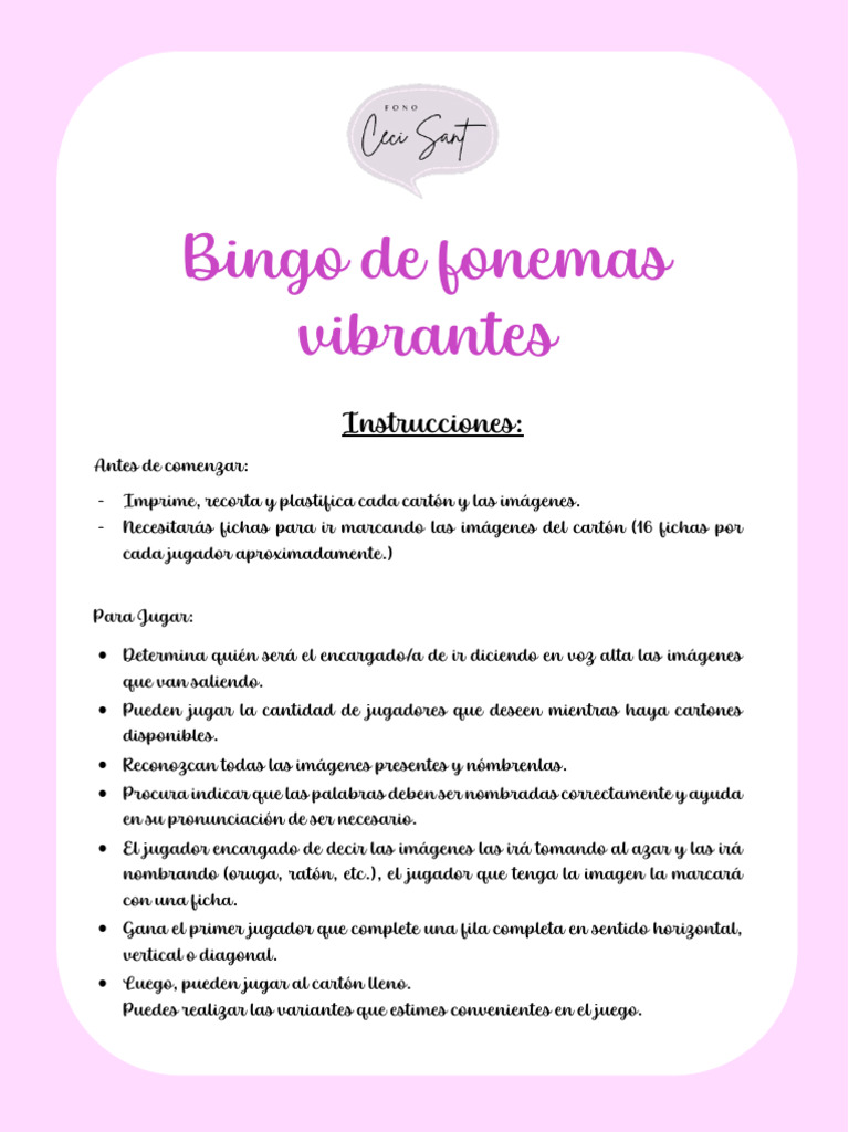 Bingo de fonemas vibrantes r-rr | PDF | Juego de azar | Juegos de azar