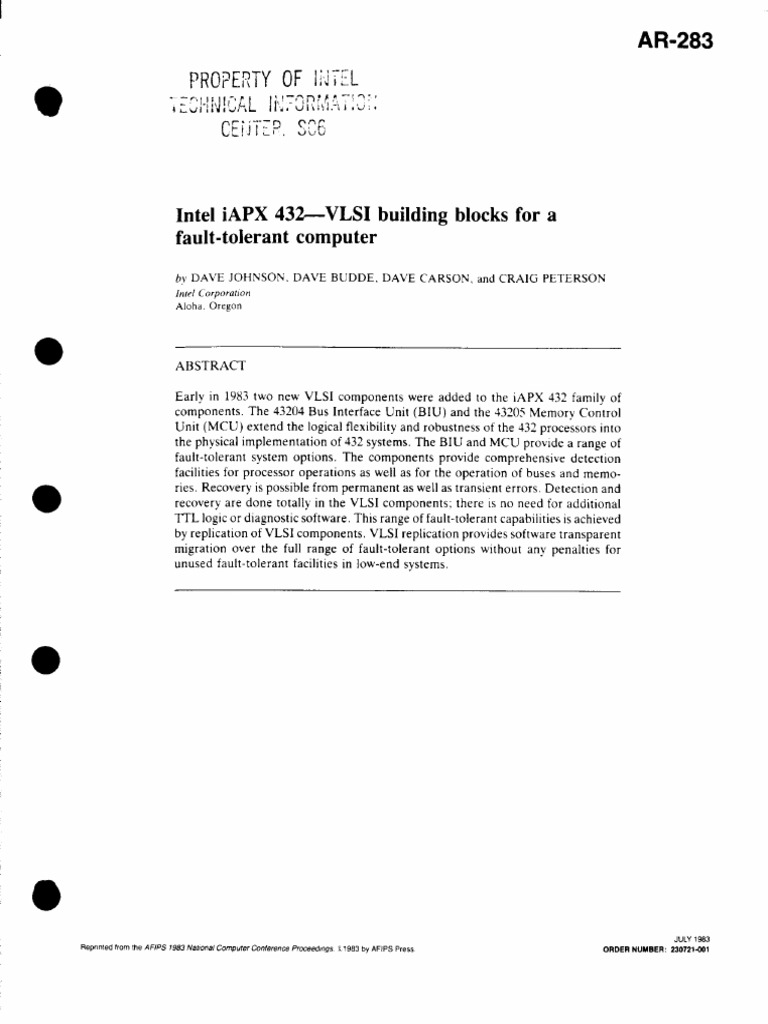 Intel Iapx432 Vlsi Building Blocks For A Fault Tolerant Computer | PDF