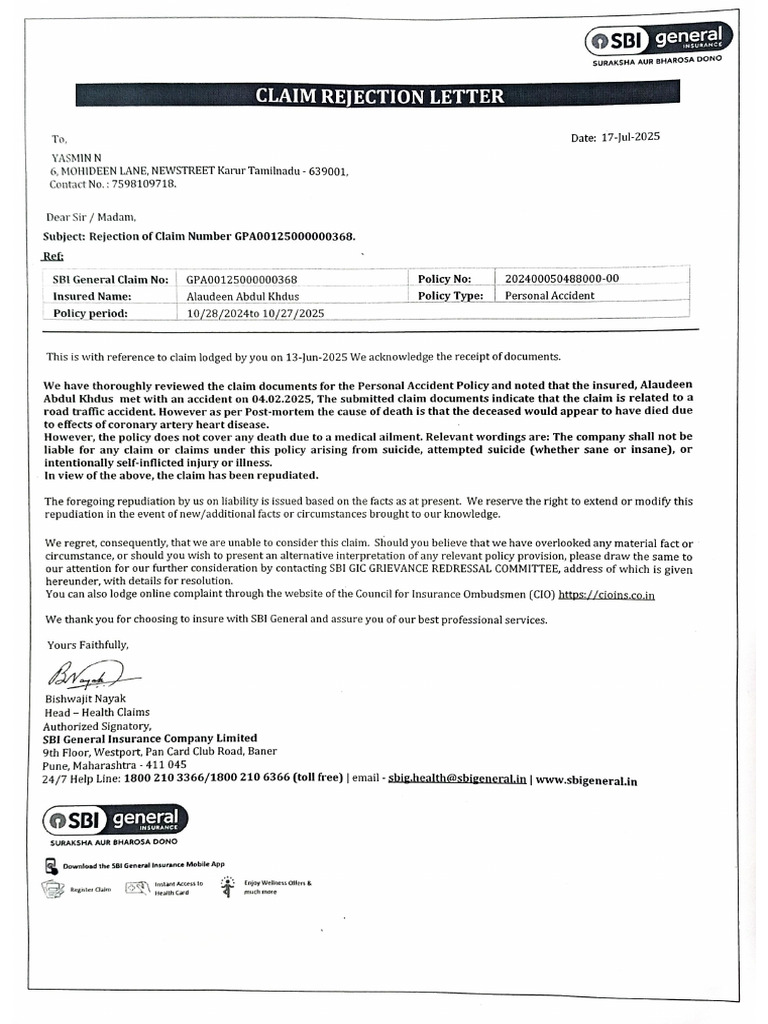 Claim Rejection Letter | PDF