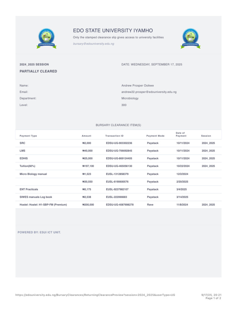 Clearance Slip - Edo State University Iyamho | PDF