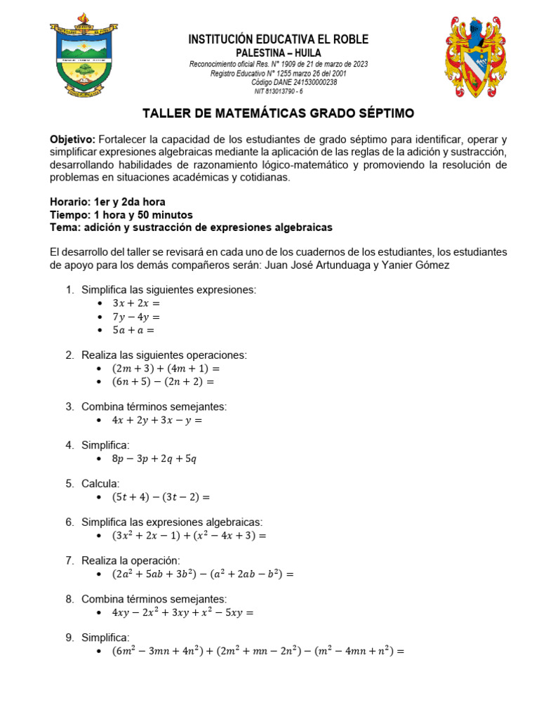 Taller de Matemáticas: Expresiones Algebraicas | PDF | Sustracción ...