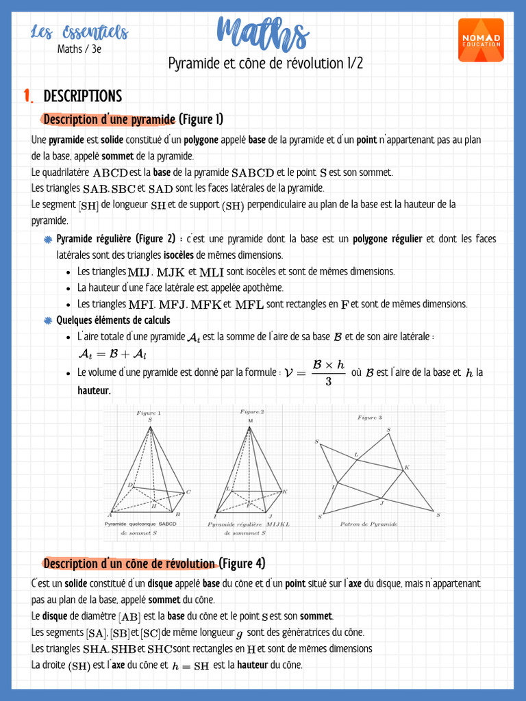 Pyramides et Cônes : Propriétés et Calculs | PDF | Zone | Triangle