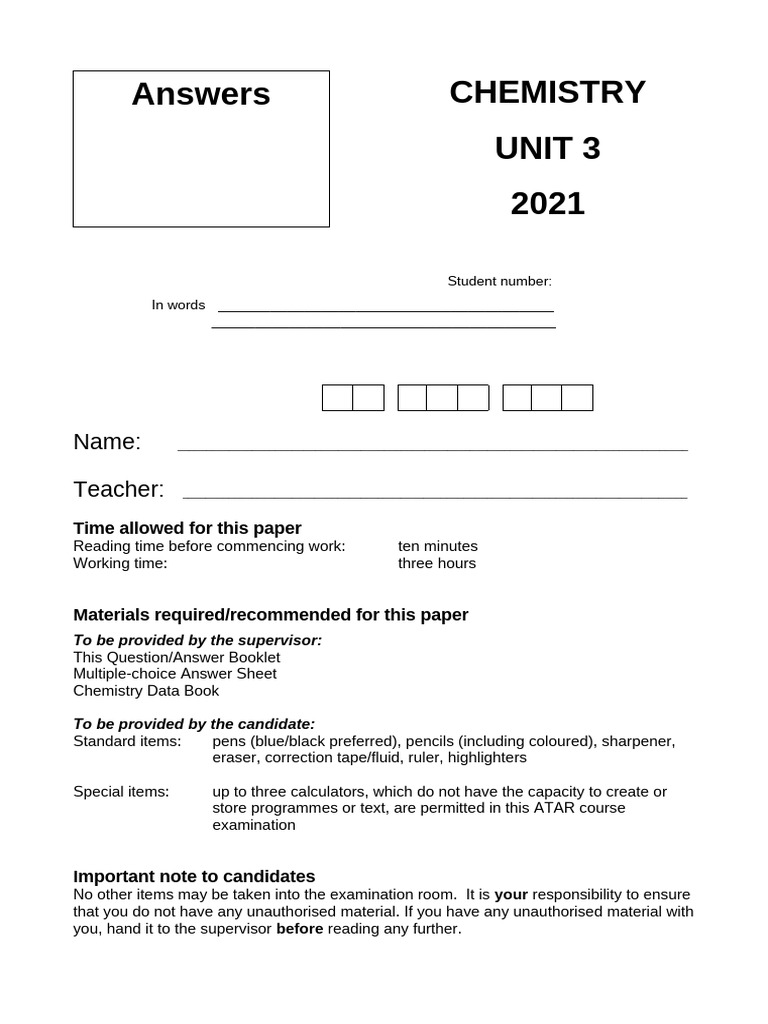 ATAR Chemistry Unit 3 Exam Instructions | PDF | Acid | Chemical Equilibrium