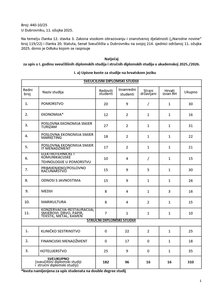 Natječaj Za Upis U Prvu Godinu Diplomskih Studija 2025-2026 | PDF