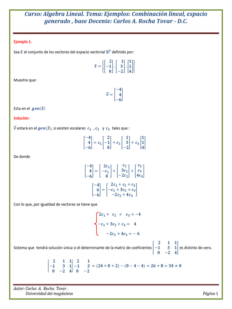 Ejercicios Resueltos de Combinación Lineal | PDF | Espacio vectorial ...