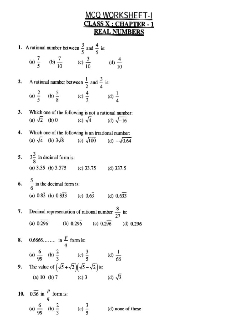 Real Numbers MCQ Worksheet for Class X | PDF | Numbers | Rational Number