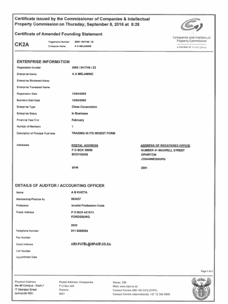 Aa - Ck2a - Certificate of Amended Founding Statement | PDF