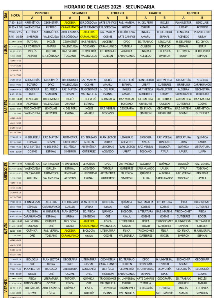 Horario Clases Secundaria 2025 | PDF | Matemáticas | Álgebra