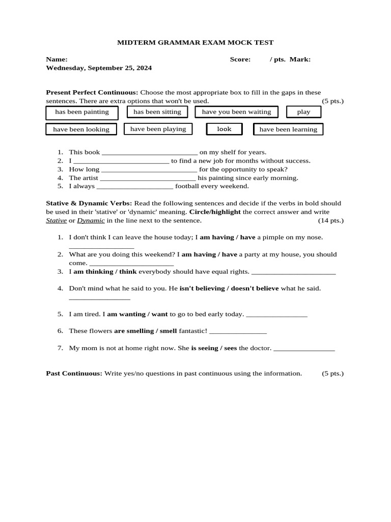 Midterm Grammar Exam Mock Test | PDF | Verb | Linguistic Morphology