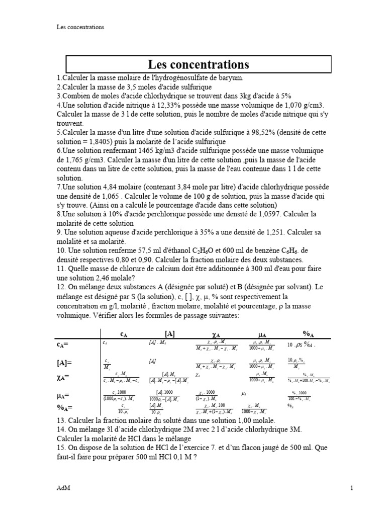Calculs de concentrations et solutions chimiques | PDF | Concentration ...
