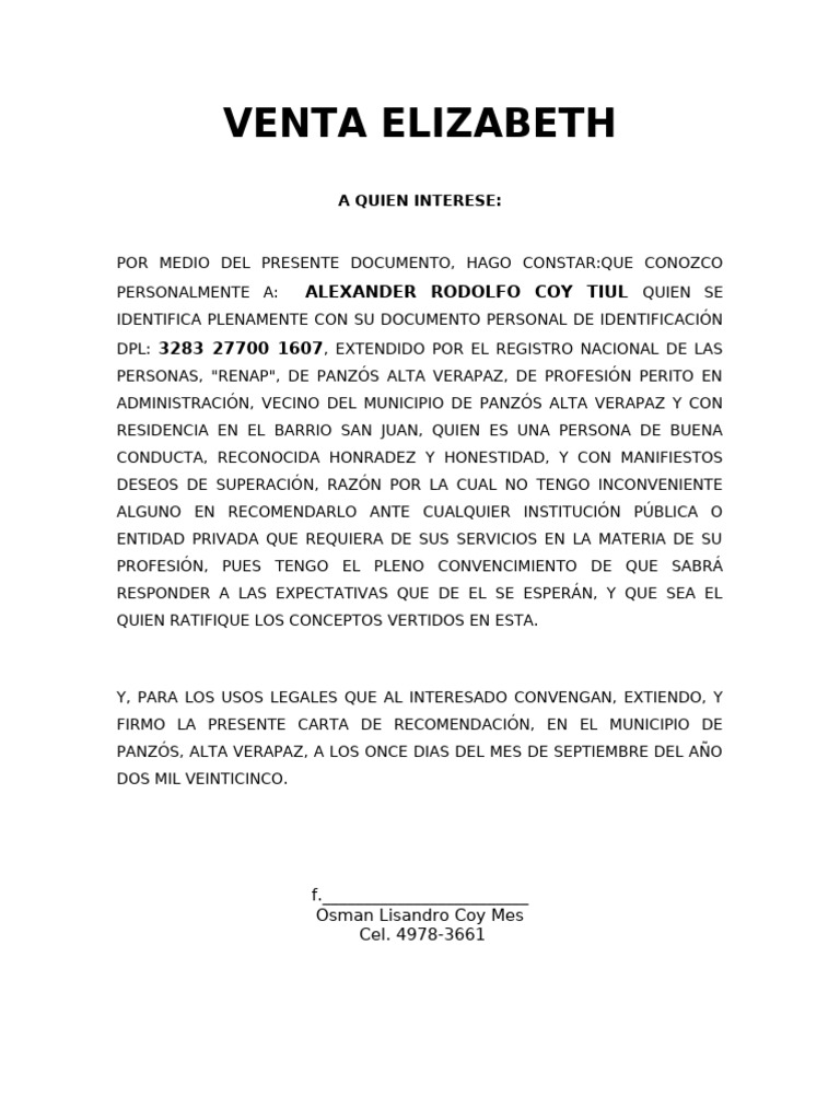 Carta de Recomendación para Alexander Coy | PDF