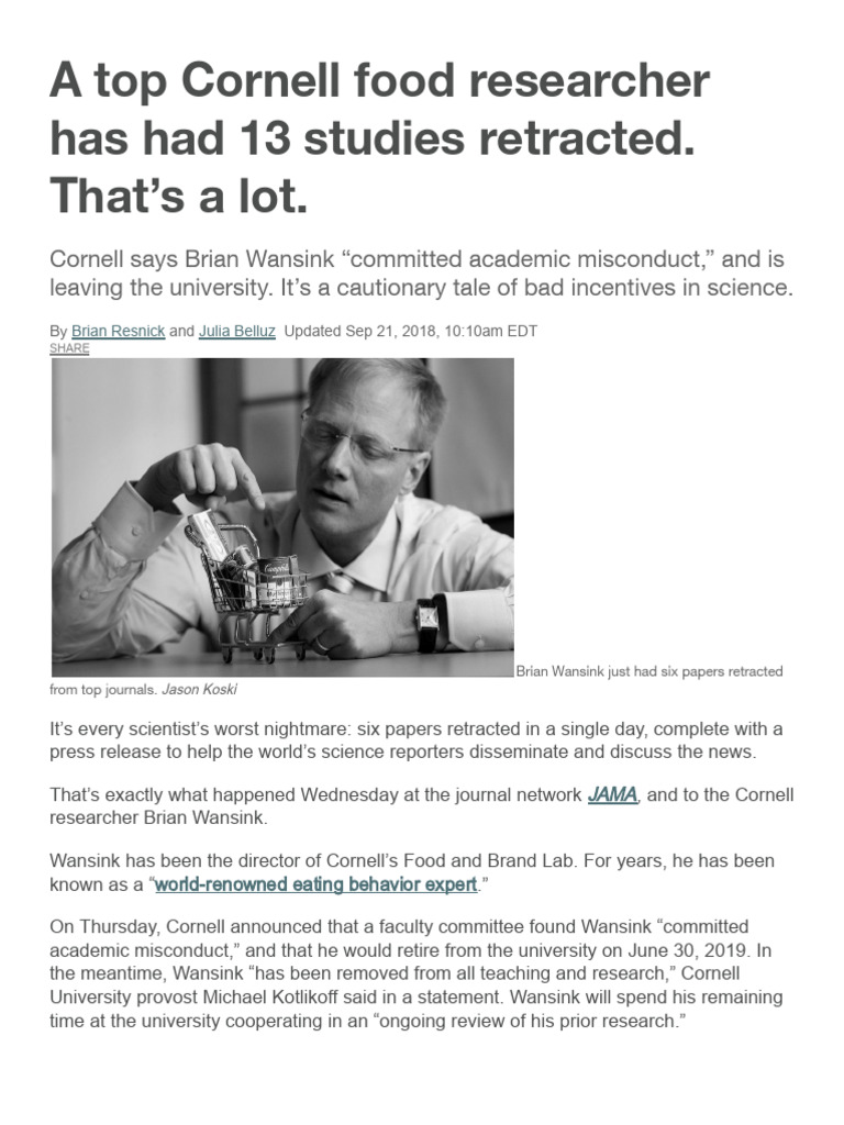 Cornell Researcher Wansink's Studies Retraction | PDF | P Value | Science
