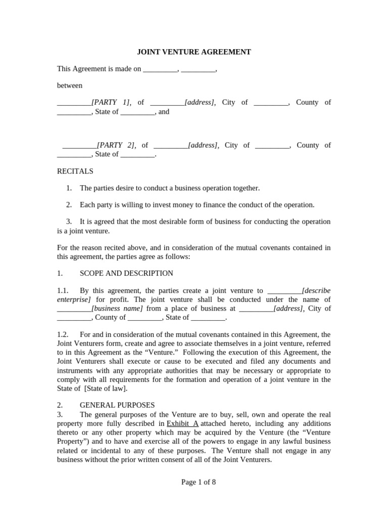 Joint Venture Agreement Template | PDF | Assignment (Law) | Business Law