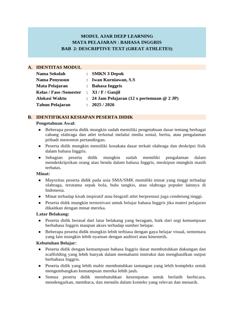 Modul Ajar Descriptive Text Olahraga | PDF