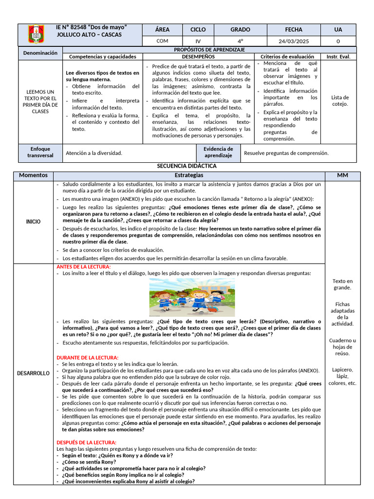 Aprendizaje sobre el Primer Día de Clases | PDF | Aprendizaje