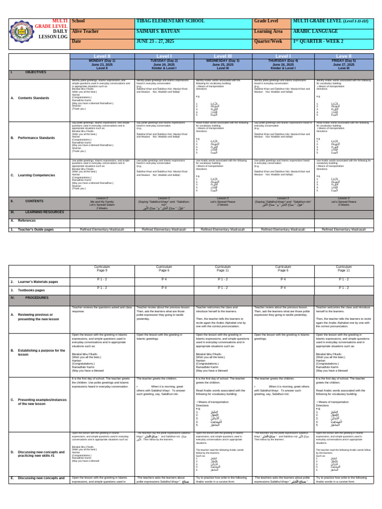 Multi-Grade Arabic Lesson Plan | PDF | Arabic | Curriculum