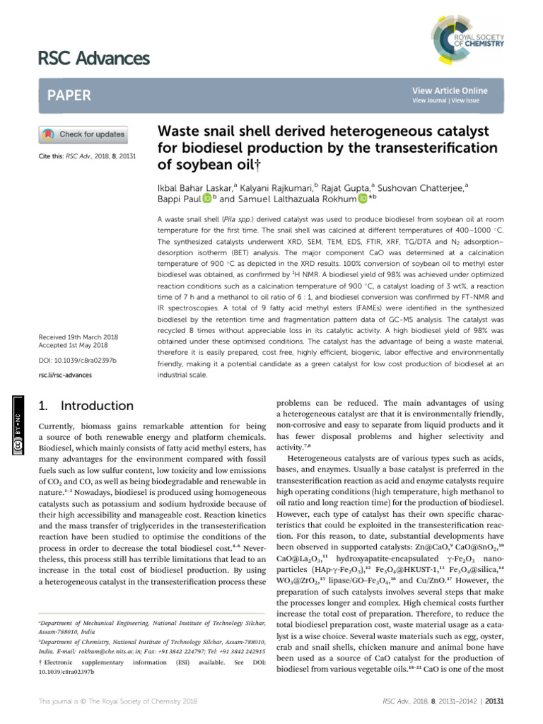 Waste Snail Shell Derived Heterogeneous Catalyst | PDF | Biodiesel ...