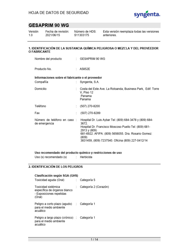 Hoja de Seguridad GESAPRIM 90 WG | PDF | Reciclaje | Residuos