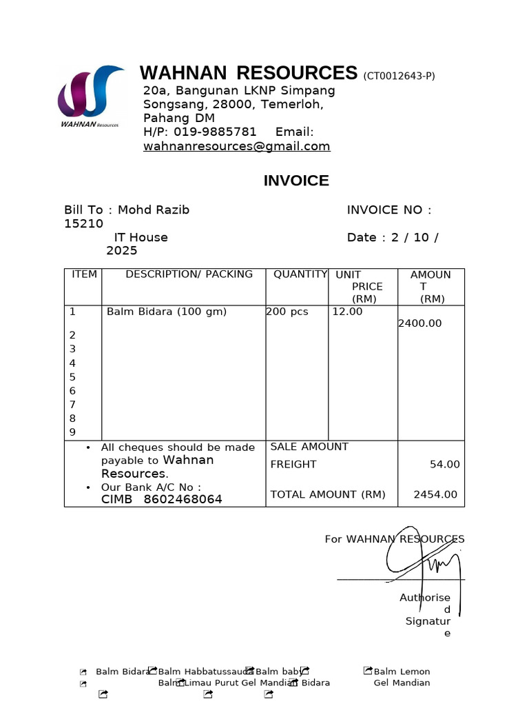 Invoice for Wahnan Resources Products | PDF