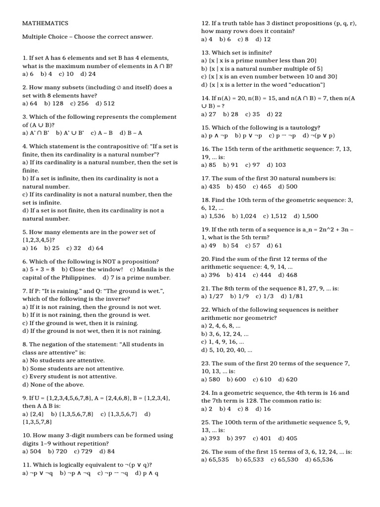 Mathematics Multiple Choice Questions | PDF | Numbers | Mathematics