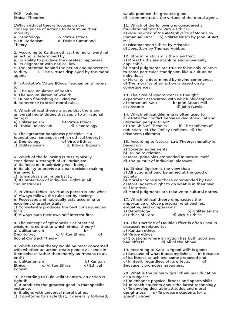 Ece Values Major Test Questions 25 26 | PDF | Virtue Ethics | Mind